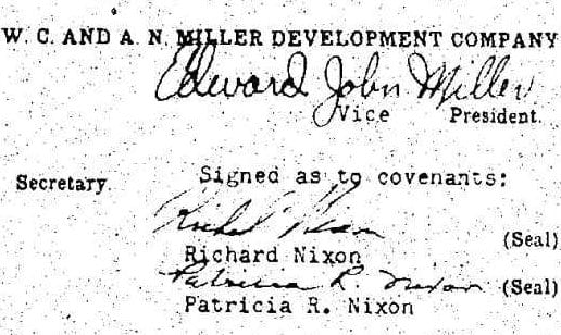 the restrictive covenant deed is signed by Sen. Richard Nixon and his wife, Patricia. The deed carried 55 cents worth of Internal Revenue stamps, indicating that the sale price of the home was $41,000.