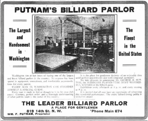 Putnam's Billard Parlor advertisement - December 7th, 1911 (Washington Herald)