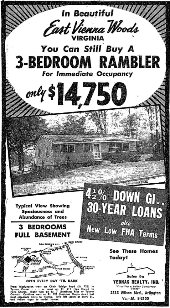 Vienna real estate advertisement - May 18th, 1957 (Washington Post)
