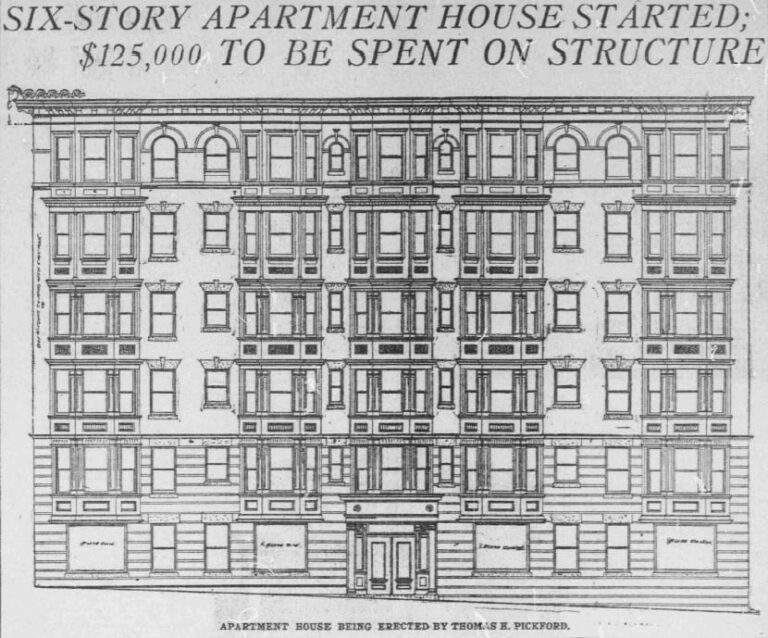 six-story apartment building being constructed by Thomas Pickford - April 12th, 1908 (Washington Post)