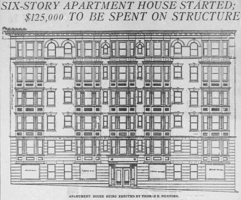 six-story apartment building being constructed by Thomas Pickford - April 12th, 1908 (Washington Post)