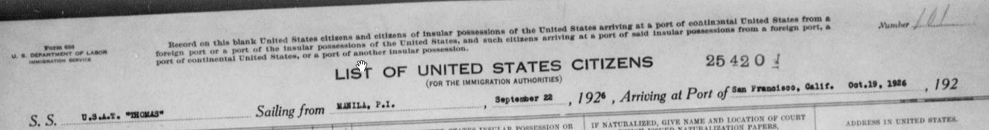 passenger manifest list of U.S. Citizens on the S.S. U.S.A.T. "Thomas" - 1926