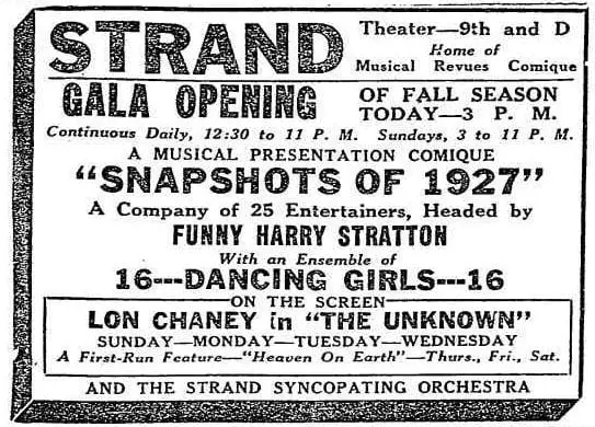 Strand Theater advertisement from 1927 (Washington Post)