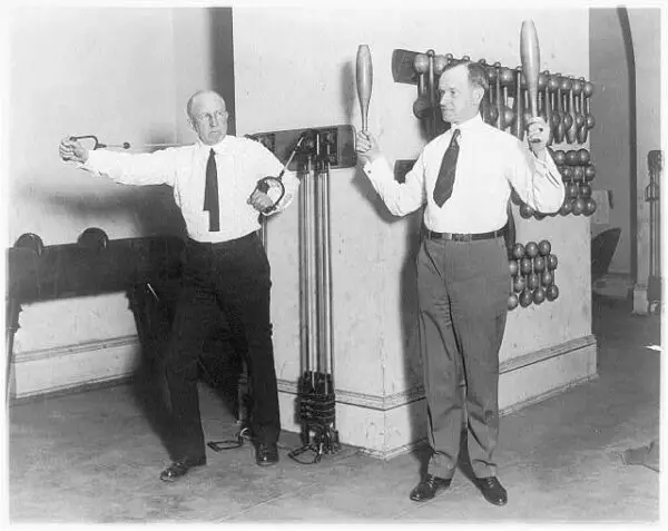 Vice Pres. Coolidge and House Speaker Gillett exercising in House gym. Jan. 31, 1923 (Library of Congress)