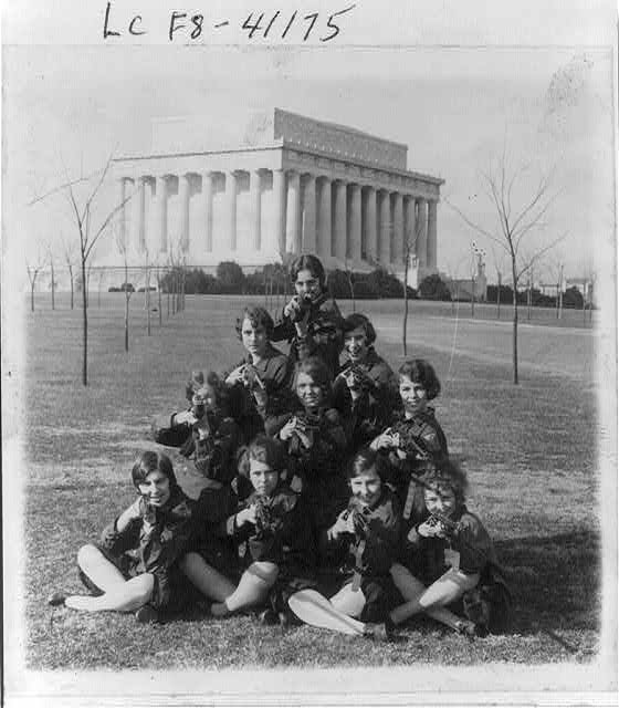 GWU girls rifle team near the Lincoln Memorial - February 2nd, 1927 (Library of Congress)