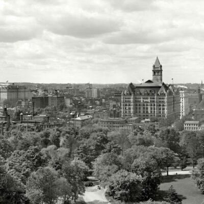 Washington, D.C., circa 1904. "North from the Smithsonian Institution." Landmarks include the Willard Hotel at left and Old Post Office tower. 8x10 inch dry plate glass negative, Detroit Publishing Company.