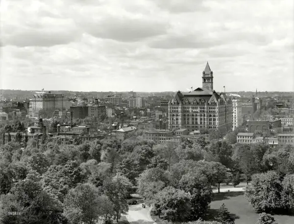 Washington, D.C., circa 1904. "North from the Smithsonian Institution." Landmarks include the Willard Hotel at left and Old Post Office tower. 8x10 inch dry plate glass negative, Detroit Publishing Company.