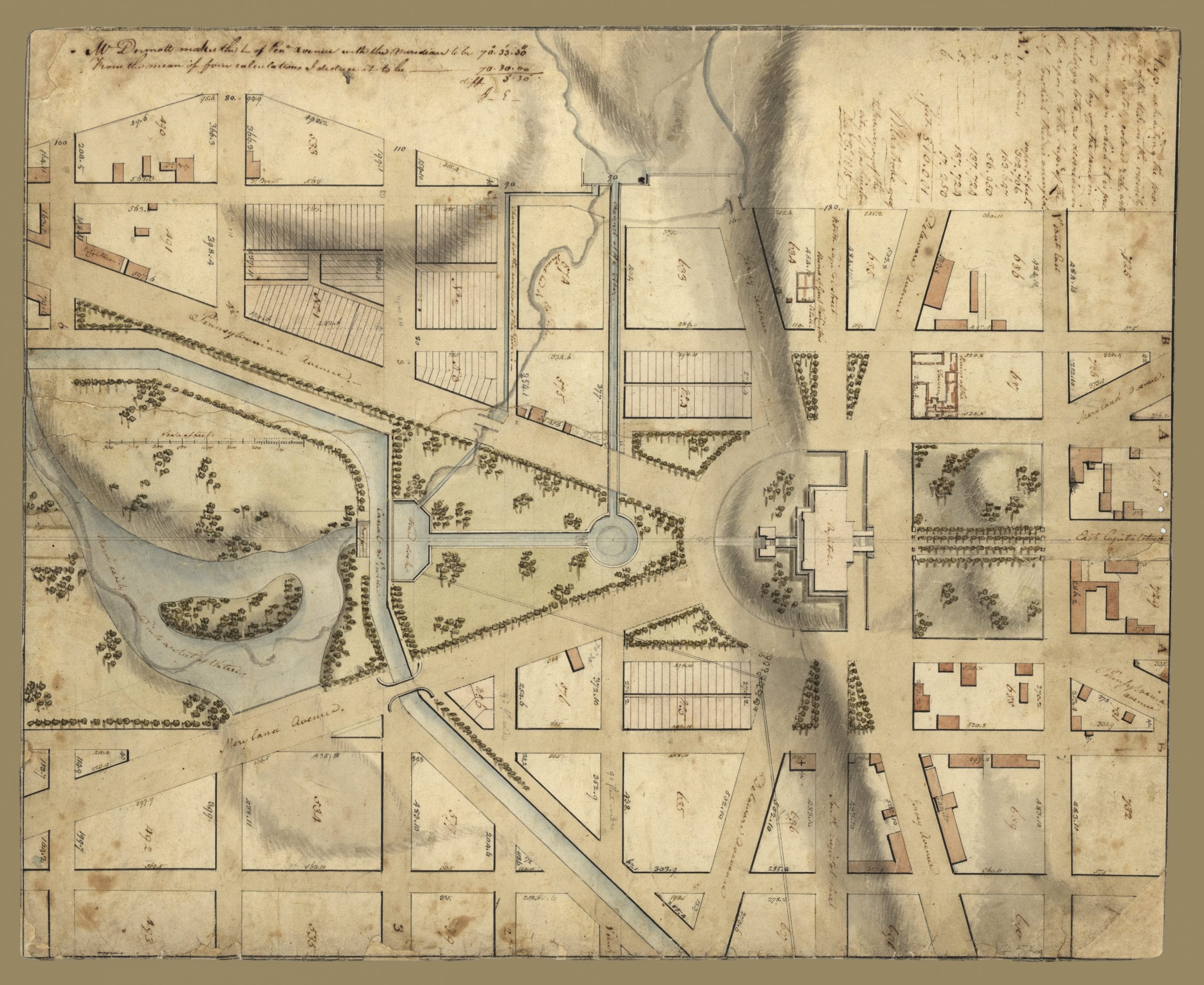 Map exhibiting the property of the U.S. in the vicinity of the Capitol : colored red, with the manner in which it is proposed to lay off the same in building lots, as described in the report to the Sup't of the city to which this is annexed / BHLatrobe, one of the surveyors of the city of Washington, Dec. 3d 1815.  