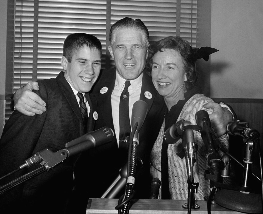 George, Lenore and Mitt (14) Romney at Detroit news conference after announcing he would see Republican nomination for governor of Michigan (February 10th, 1962)