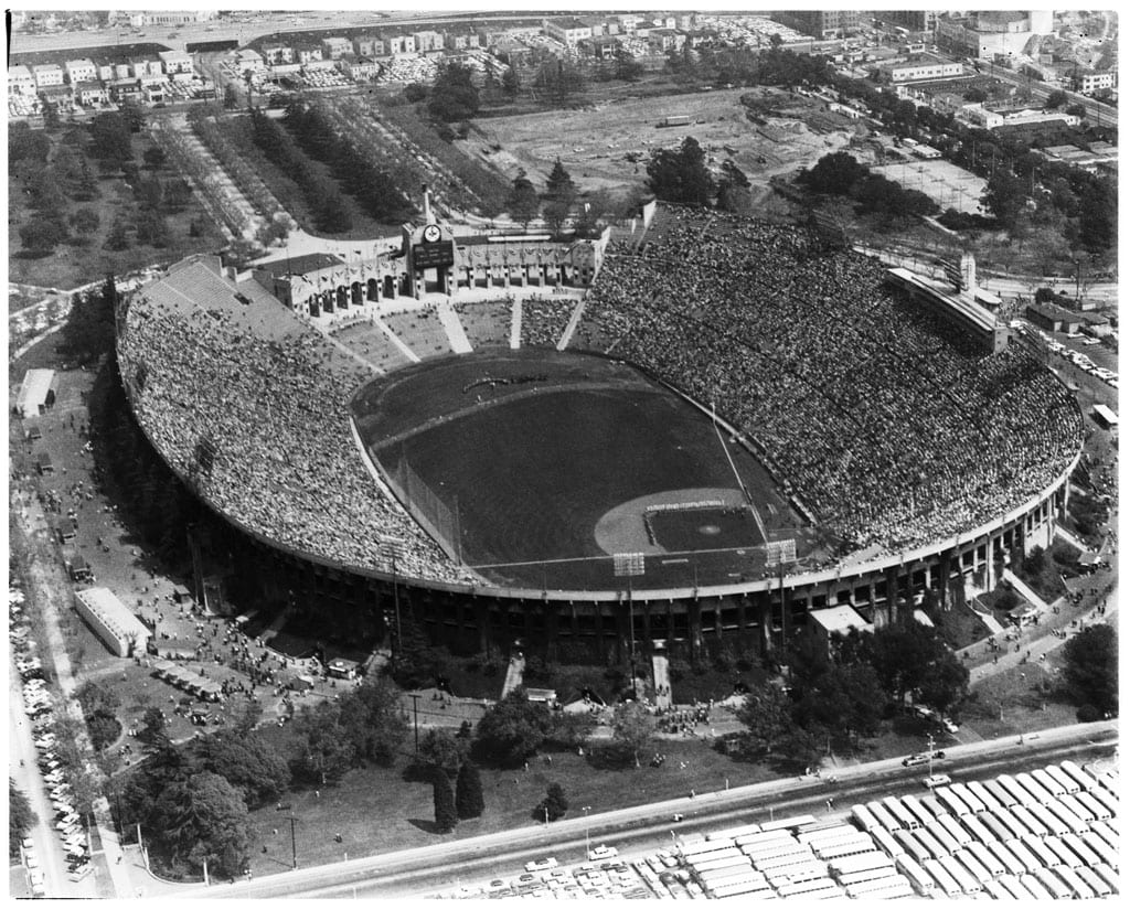 Aerial view of the Coliseum on Dodger’s opening day, April, 18, 1958. The Dodgers played the San Francisco Giants.