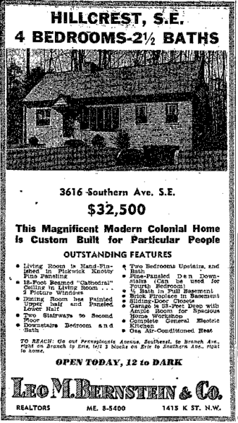 3616 Southern Ave., Hillcrest real estate advertisement - 1952 (Washington Post)