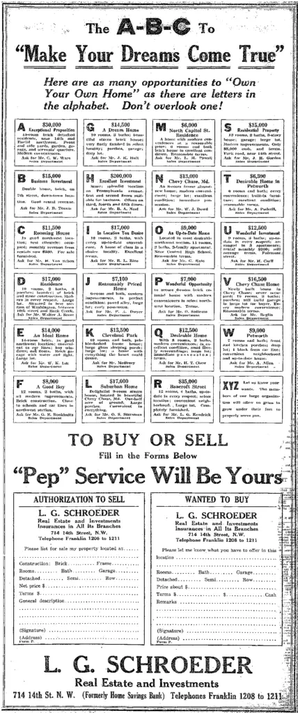L.G. Schroder real estate advertisement - August 10th, 1919 (Washington Post)