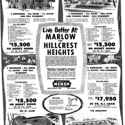 Marlow and Hillcrest Heights real estate advertisement - 1955