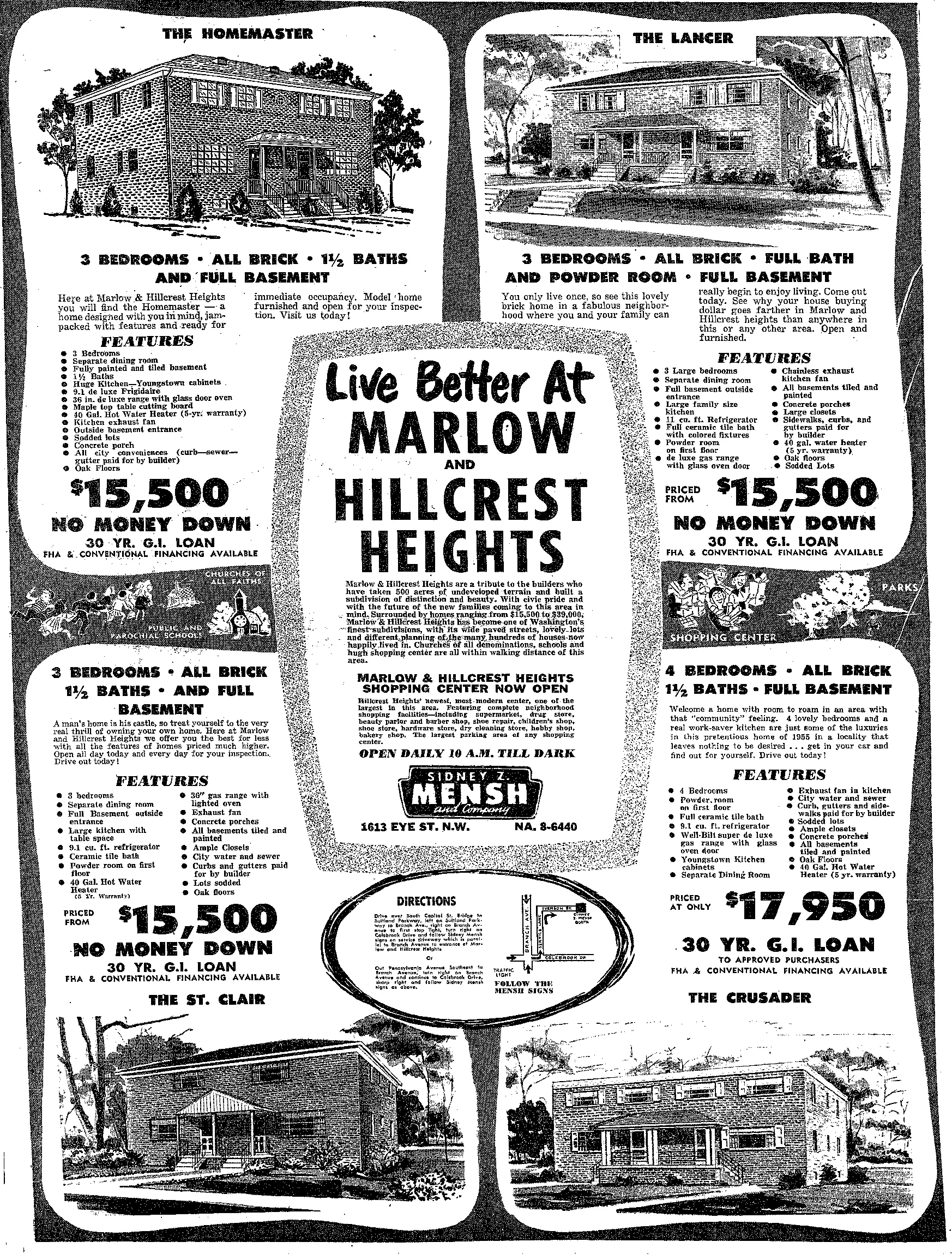 Marlow and Hillcrest Heights real estate advertisement - 1955