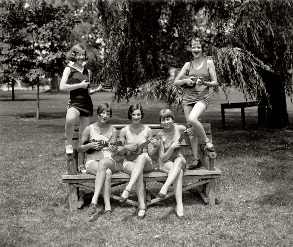 July 9, 1926. Washington, D.C. "Girls in bathing suits with ukuleles." Identified in the caption of another photo as Elaine Griggs, Virginia Hunter, Mary Kaminsky, Dorothy Kelly and Hazel Brown. National Photo Co.