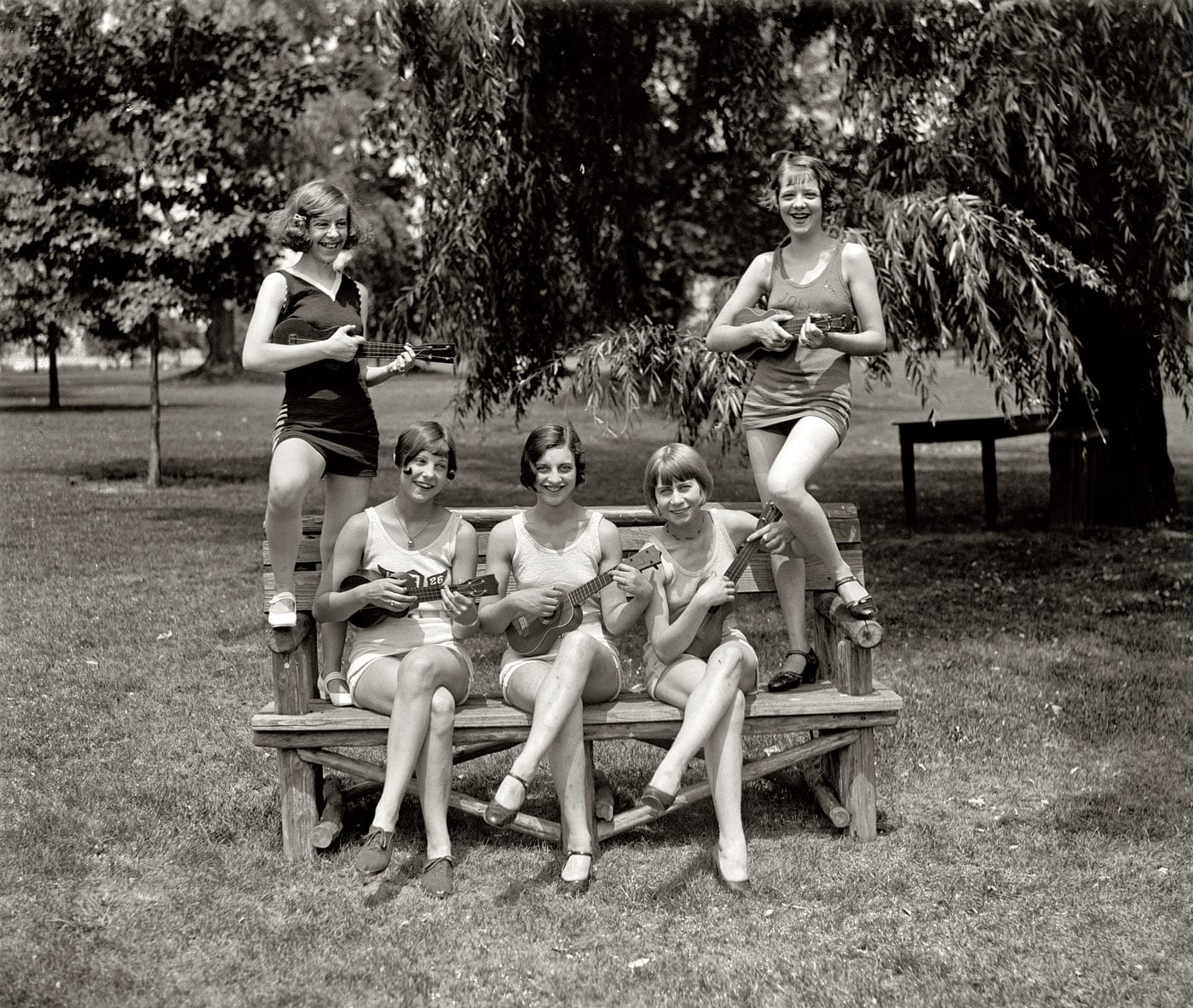 July 9, 1926. Washington, D.C. "Girls in bathing suits with ukuleles." Identified in the caption of another photo as Elaine Griggs, Virginia Hunter, Mary Kaminsky, Dorothy Kelly and Hazel Brown. National Photo Co. 