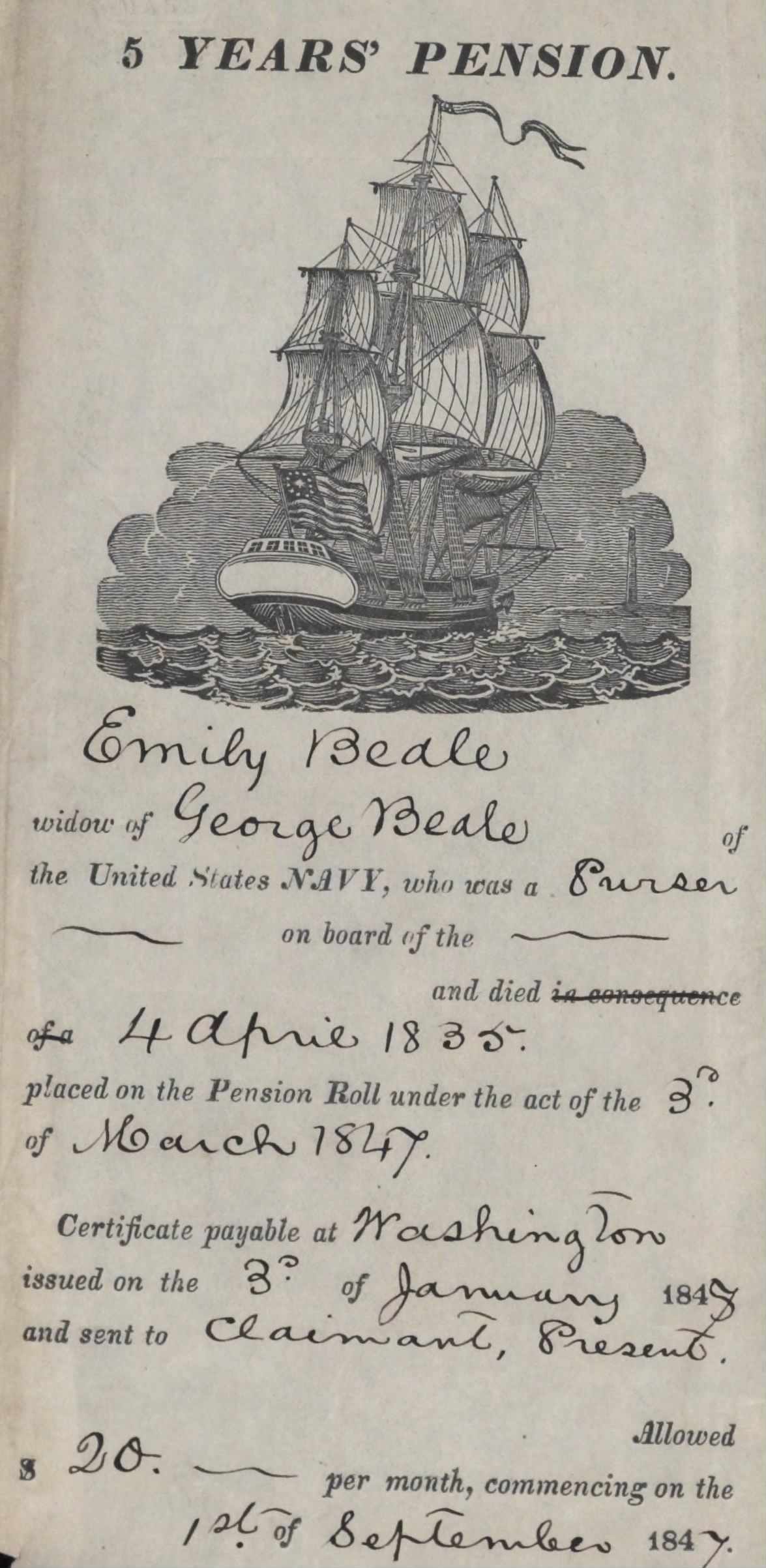 Emily Beale Pension Roll certificate (National Archives)