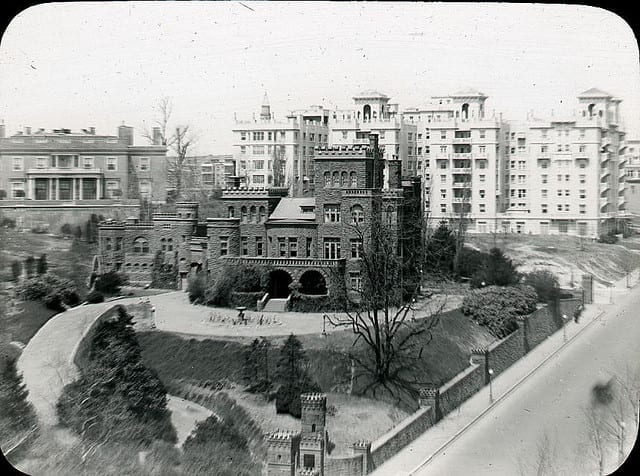 Built in 1888 for Senator John Brooks Henderson, the castle stood at the intersection of Florida Avenue and 16th Street, NW (northwest corner). Henderson was a skilled politician and was the man who drafted the Thirteenth Amendment to the Constitution. In 1949 the house was razed, with only the great stone entrance gate posts having survivied the wrecking ball. (DC Public Library Commons)