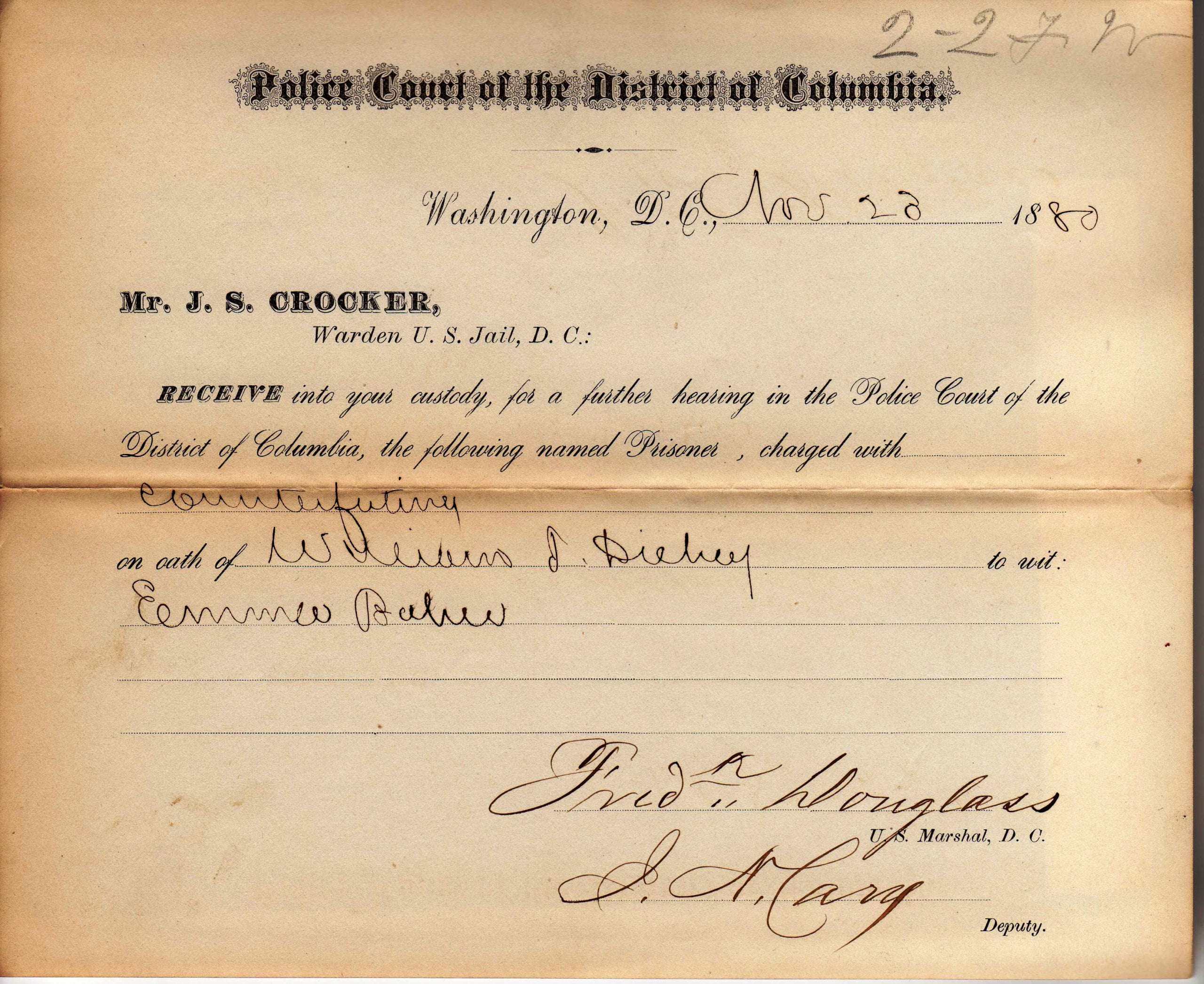 Jail transfer from the Police Court signed by Marshal Douglass, Nov. 28, 1880. Photo Workhouse Prison Museum at Lorton.