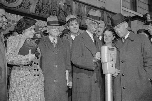 Melvin Hazel testing out a nickel parking meter in 1938