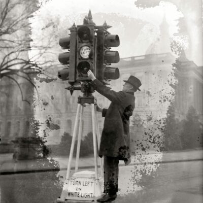 January 5, 1926. Washington, D.C. "Traffic Director Eldridge inspecting new lights." National Photo Company Collection glass negative.