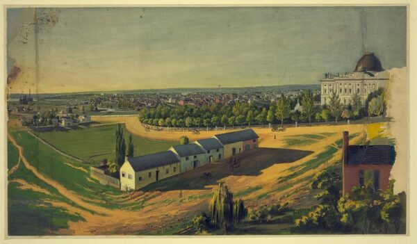 Drawing shows stables in the foreground and view of the city of Washington from southeast with the United States Capitol on the right, the White House in center background, and the Smithsonian castle and Washington Monument on the left.
