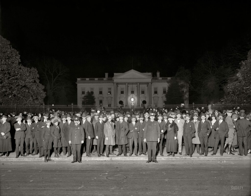 "Election night crowd at White House, November 1920." The chosen one was Warren Harding. National Photo Company glass negative.