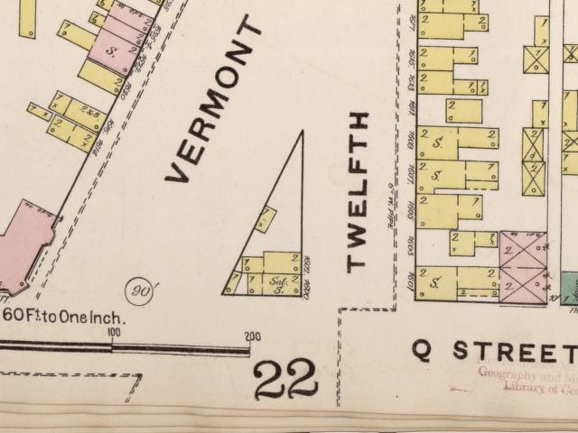 Sanborn fire map of 12th, Vermont and Q St. in 1888