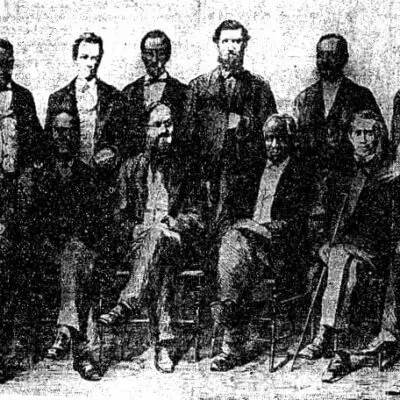 The jury that tried Millie Gaines in 1869 for the murder of a white man, and freed her on an insanity please. It was composed of six colored and six white men. This was the first murder trial in the District in which a mixed jury sat. Reading from left to right seated; 2, David Fisher; 4, the Rev. James D. Reed; 6, Leonard C. Bailey. Standing from left to right; 2, Charles Humphries; 4, John A. Gray; 6, Herbert Harris (The Baltimore Afro-American - May 4th, 1935)