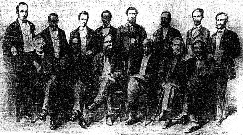 The jury that tried Millie Gaines in 1869 for the murder of a white man, and freed her on an insanity please. It was composed of six colored and six white men. This was the first murder trial in the District in which a mixed jury sat. Reading from left to right seated; 2, David Fisher; 4, the Rev. James D. Reed; 6, Leonard C. Bailey. Standing from left to right; 2, Charles Humphries; 4, John A. Gray; 6, Herbert Harris (The Baltimore Afro-American - May 4th, 1935)