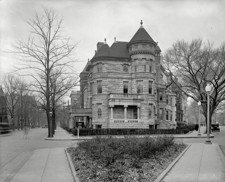 Washington, D.C., circa 1925. "Panama Legation, New Hampshire Avenue and Q Street N.W." 18th Street is on the left and New Hampshire Avenue on the right. This is one of the earliest examples of a stop sign ("Boulevard Stop") in the archive. National Photo Company Collection glass negative.