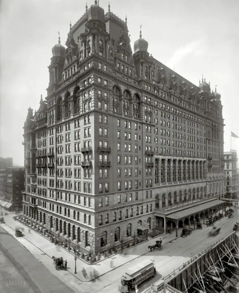 Circa 1902. "The Waldorf-Astoria, New York." The original, and somewhat forbidding, Waldorf at Fifth Avenue and 34th Street. (Shorpy)