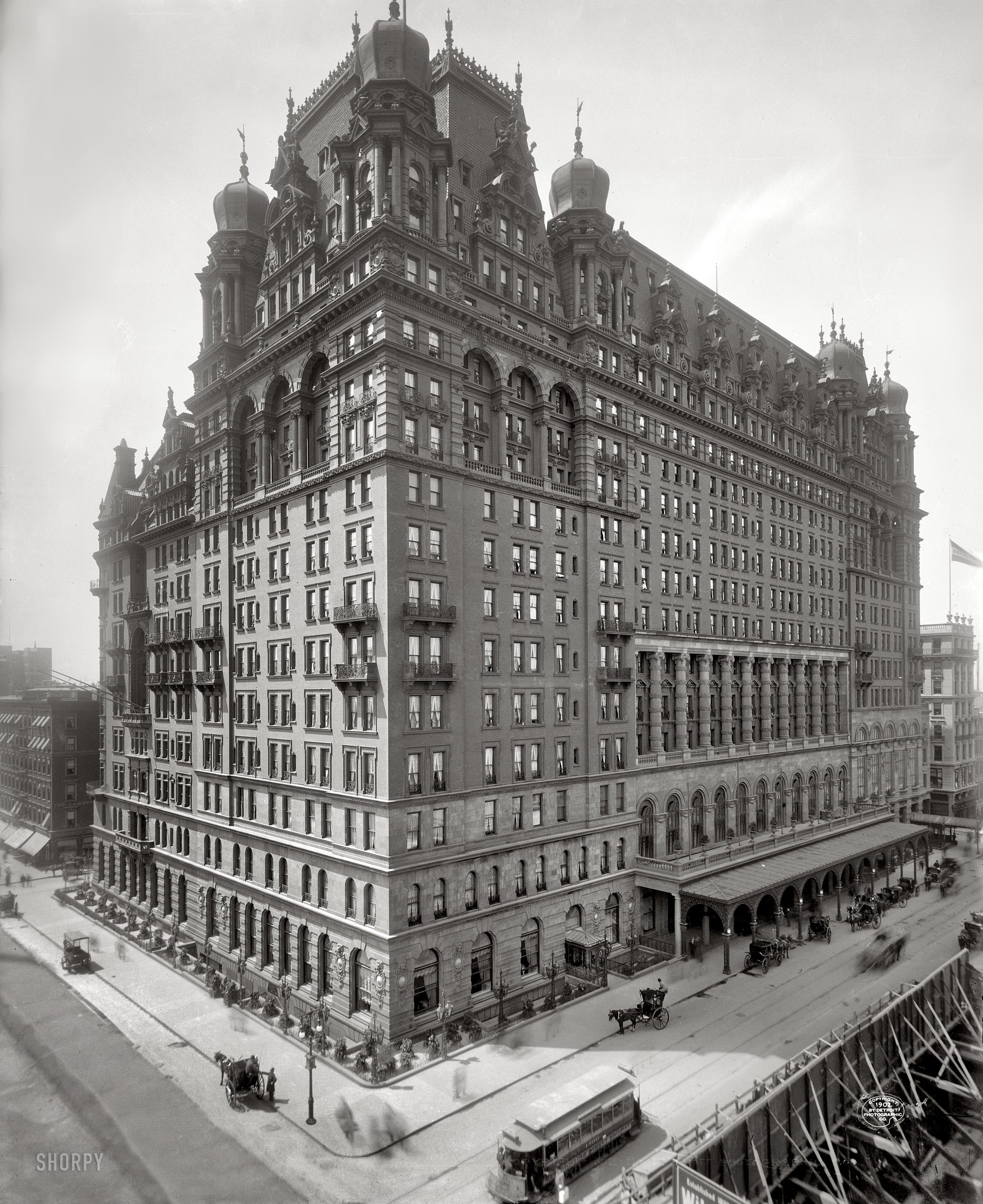 Circa 1902. "The Waldorf-Astoria, New York." The original, and somewhat forbidding, Waldorf at Fifth Avenue and 34th Street. (Shorpy)