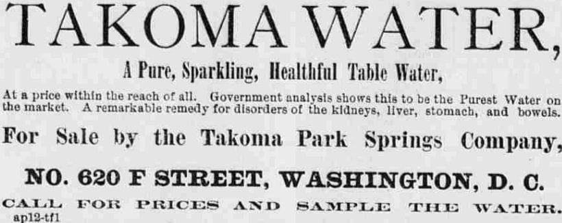 advertisement for Takoma Park water in the Sunday Herald - July 5th, 1891