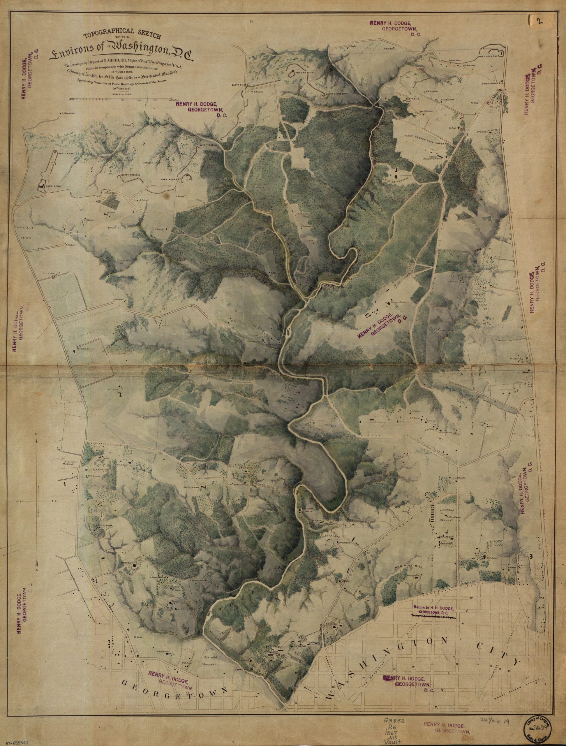 Topographical sketch of the environs of Washington, D.C. : (survey of locality for public park & site for a presidential mansion) / to accompany report of N. Michler, Major of Eng'rs, Bvt. Brig. Gen'l U.S.A.