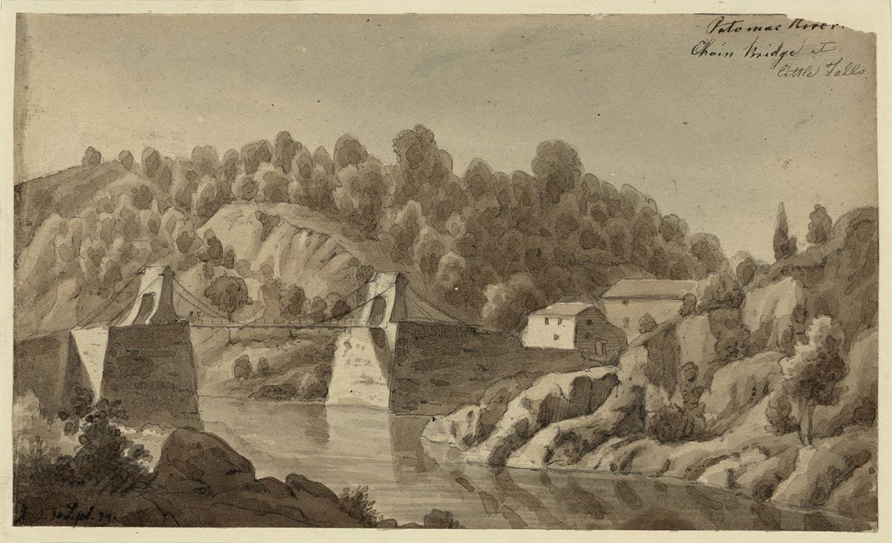 View from the Maryland side of the Chain Bridge over the Potomac River in 1839. This was the fourth bridge at that location, with several more since (September 1839)