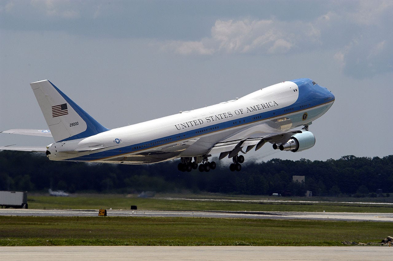 Andrews Air Force Base, Md. (May 21, 2005) - Air Force One takes off from Andrews Air Force Base, Md., during the 2005 Joint Service Open House. President George W. Bush was en route to Grand Rapids, Mich., to give a graduation speech to the 2005 graduates of Calvin College. The 89th Presidential Airlift Group at Andrews Air Force Base is responsible for Air Force One, which is housed in a 140,000-square-foot maintenance and support complex. The Joint Services Open House, held May 20-22, showcased civilian and military aircraft from the Nation’s armed forces which provided many flight demonstrations and static displays. U.S. Navy photo by Photographer’s Mate 2nd Class Daniel J. McLain (Wikipedia)