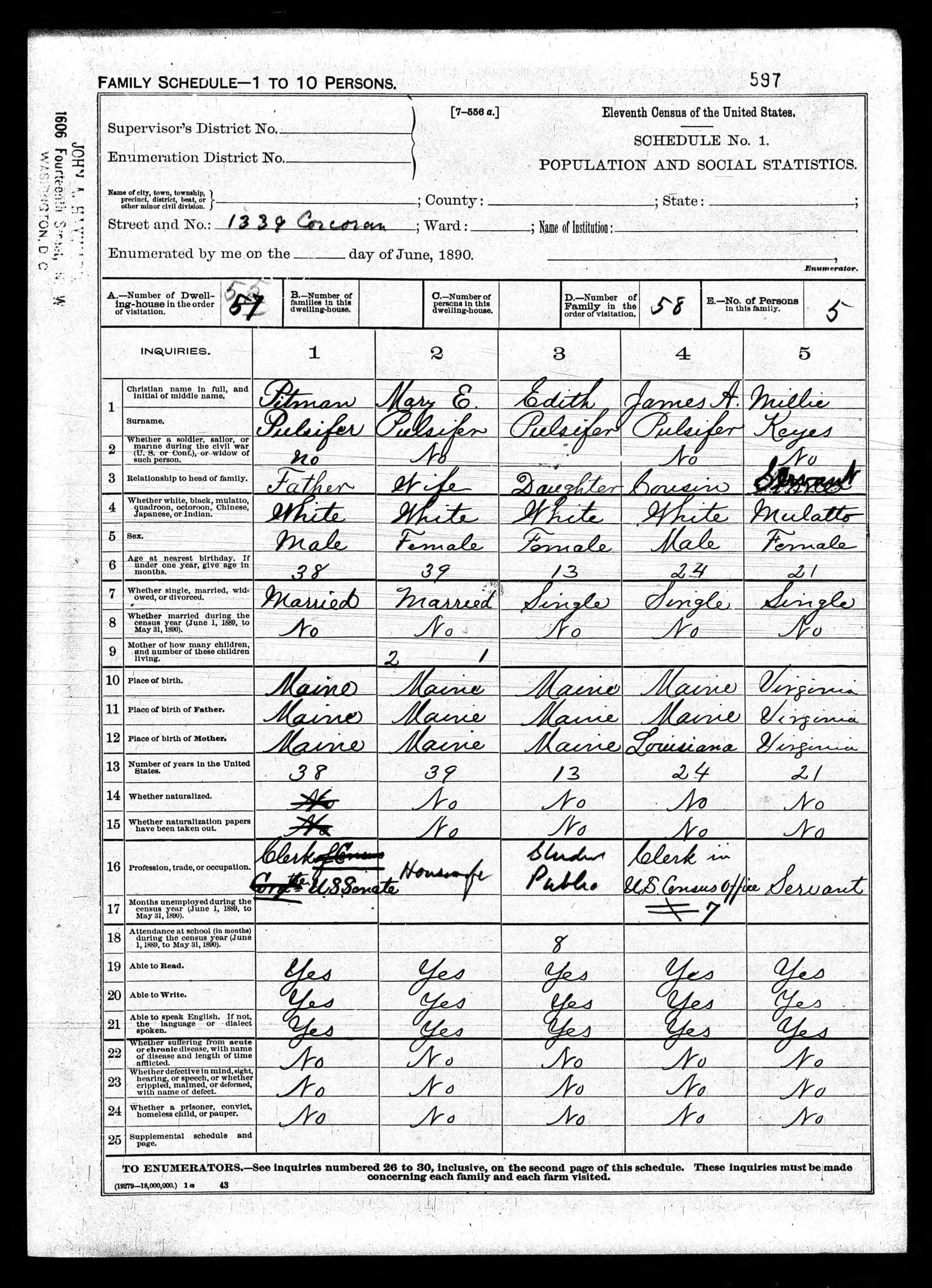 The Pulisfer family in the 1890 U.S. Census (Ancestry.com)