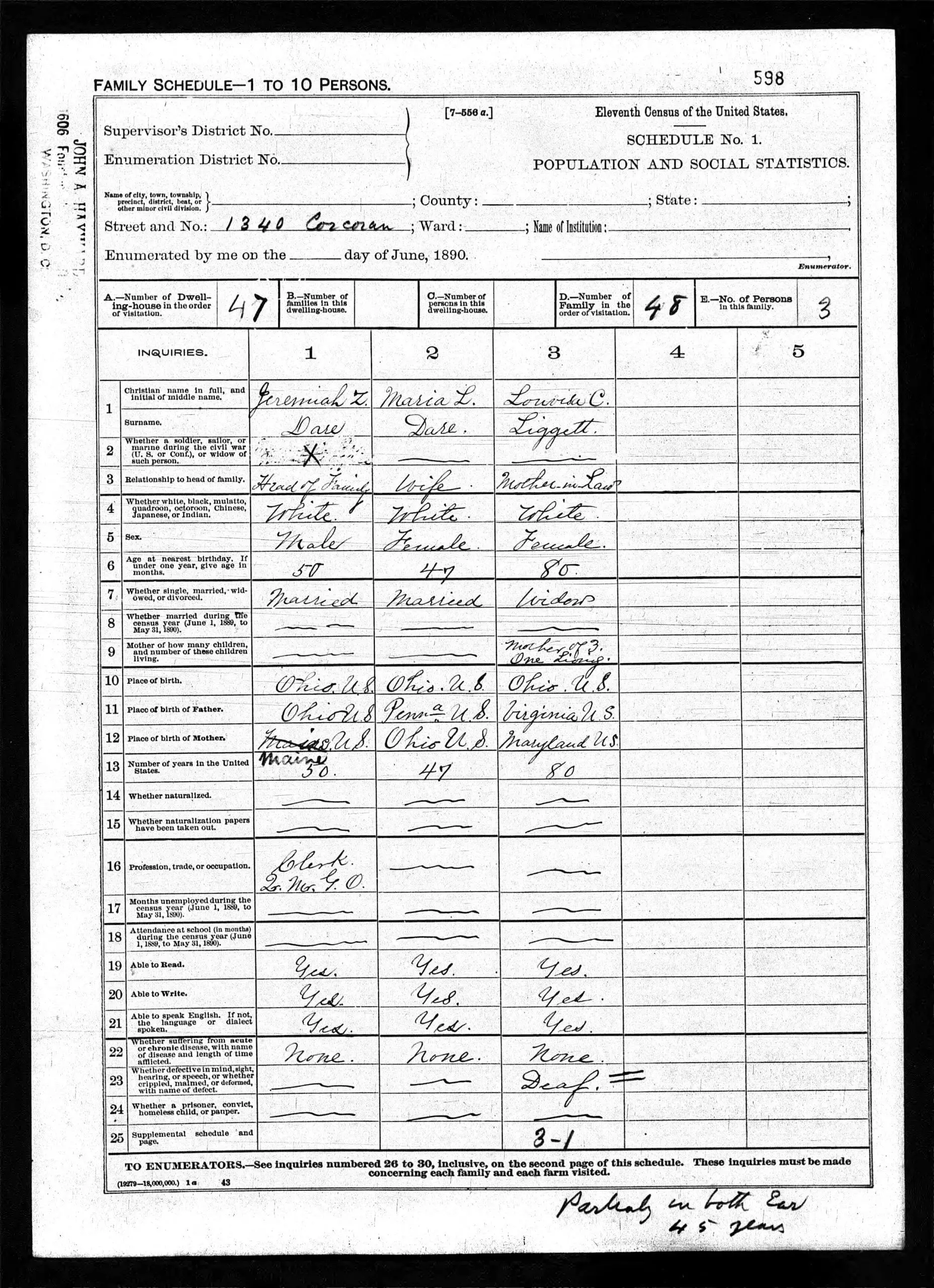 The Dare family in the 1890 U.S. Census (Ancestry.com)