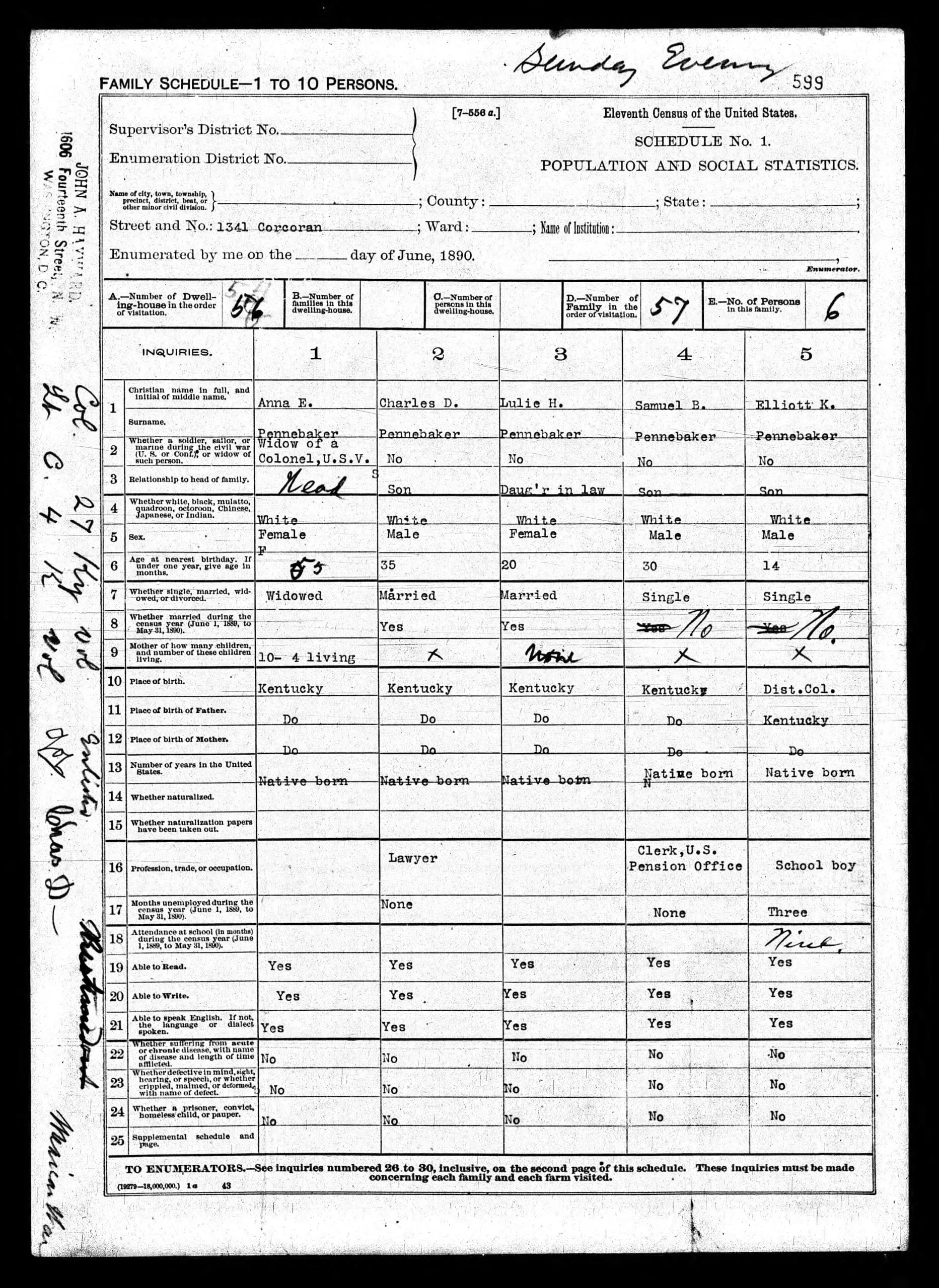 The Pennebaker family in the 189 U.S. Census (Ancestry.com)