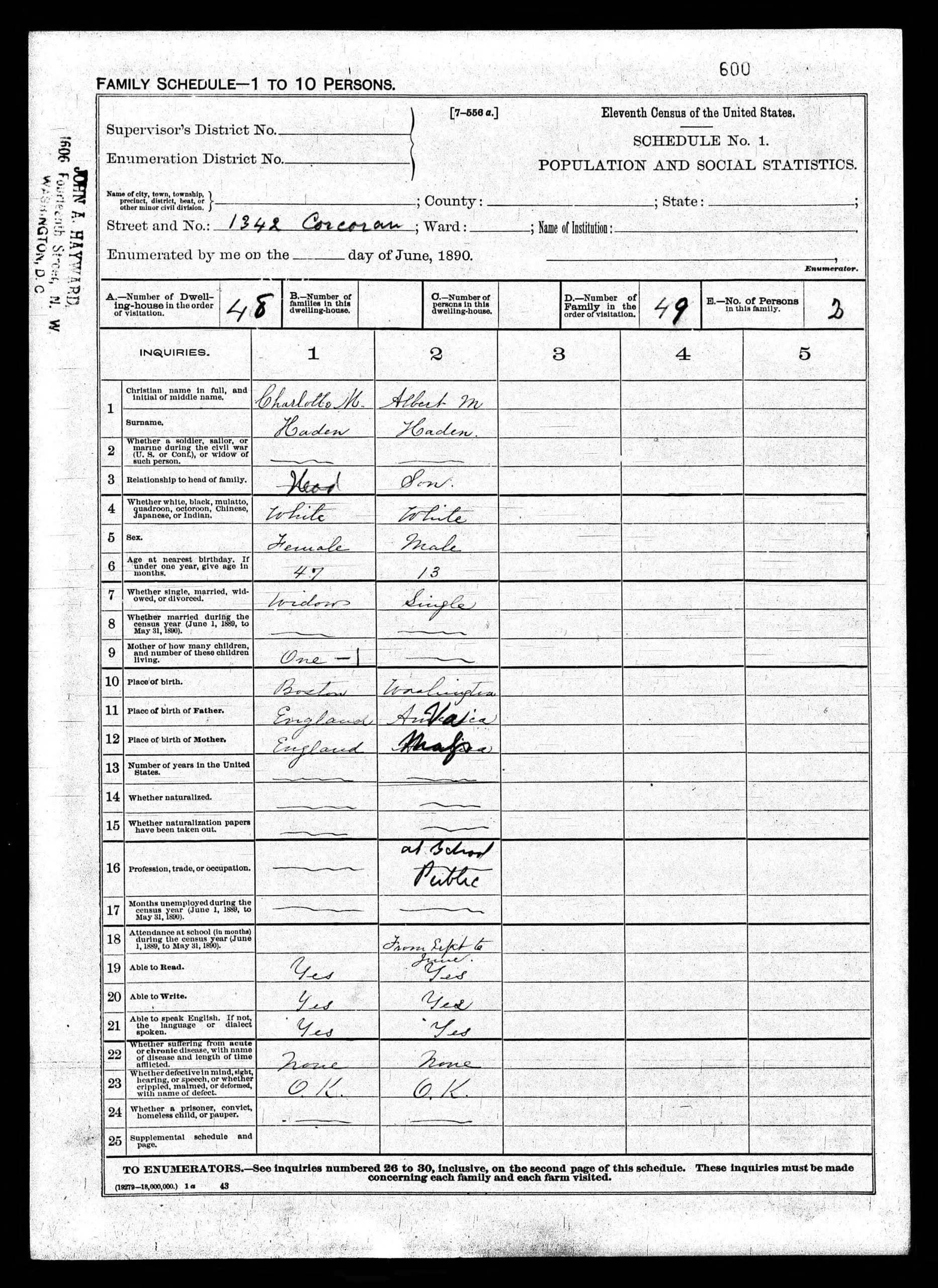 The Haden family in the 1890 U.S. Census (Ancestry.com)