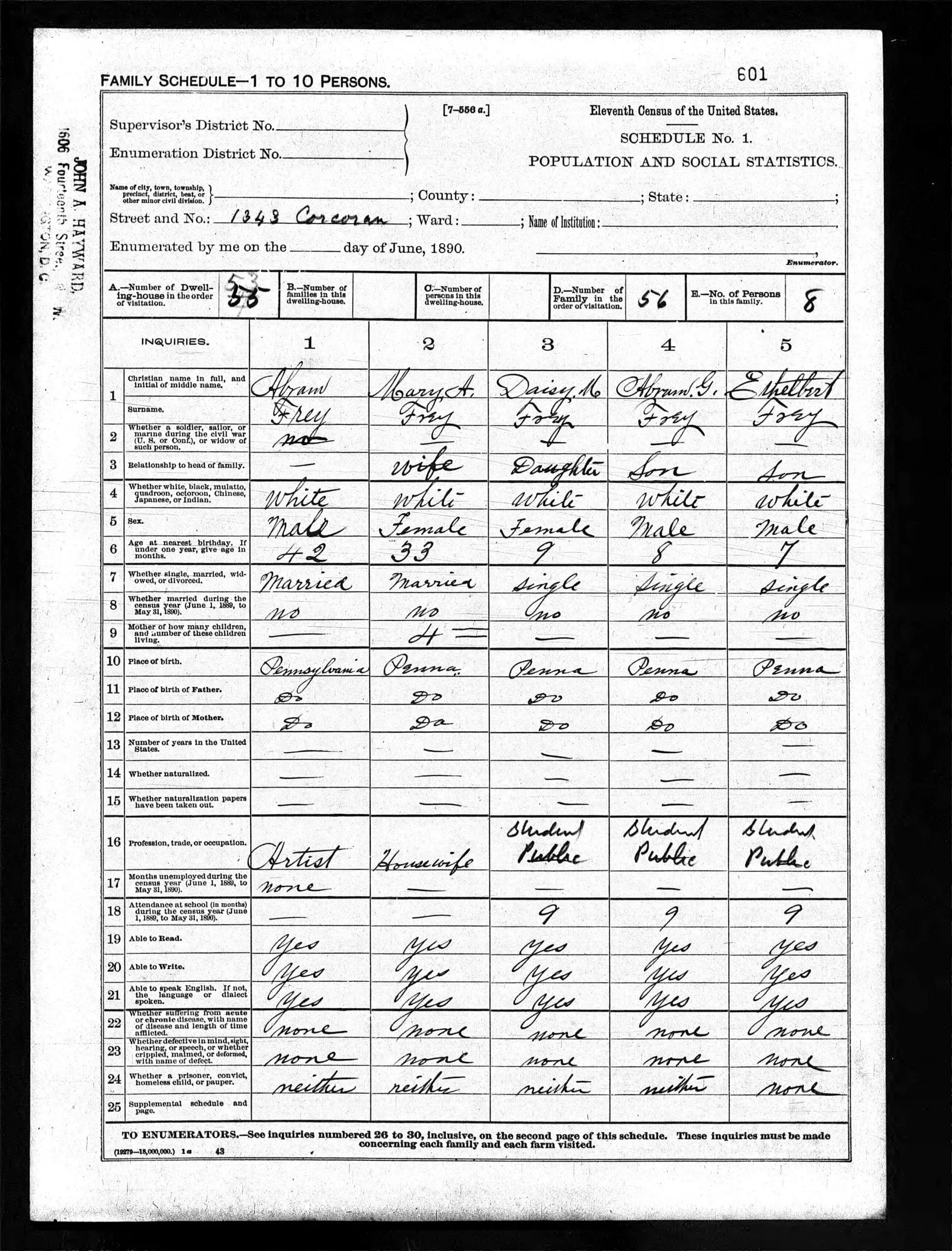 The Frey family in the 1890 U.S. Census (Ancestry.com)