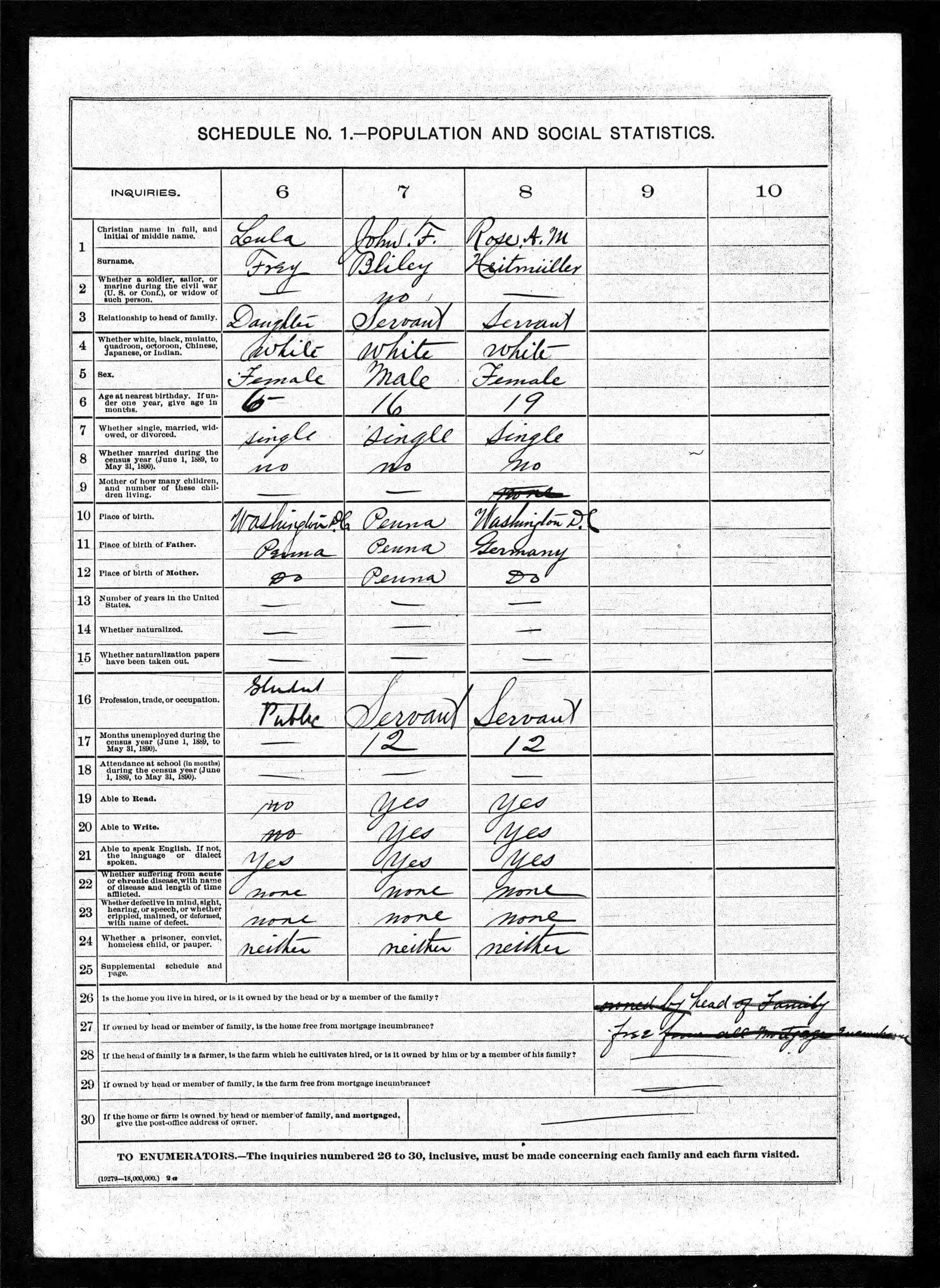 The Frey family in the 1890 U.S. Census (Ancestry.com)