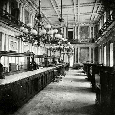 Washington, D.C., early 1860s. "Treasury Department in Lincoln's time (Cash Room behind the desks)."