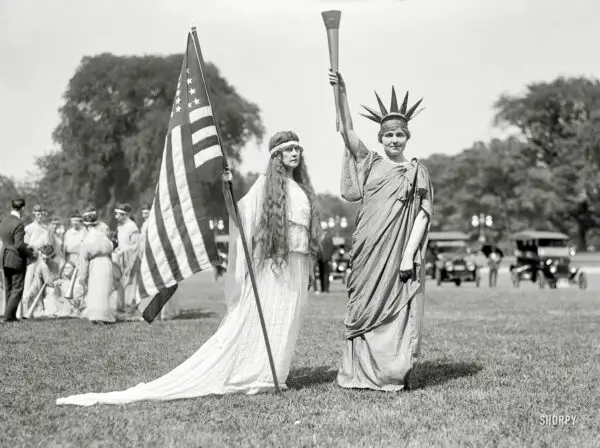 Washington, D.C., 1919. "Fourth of July tableau on the Ellipse -- 'Columbia,' 'Liberty' and dancers." Harris & Ewing Collection glass negative.