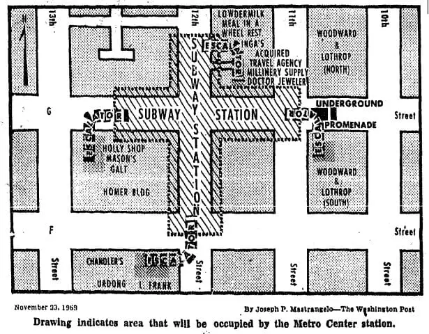 map of 12th and G St. NW - Sunday, November 23rd, 1969 (Washington Post)