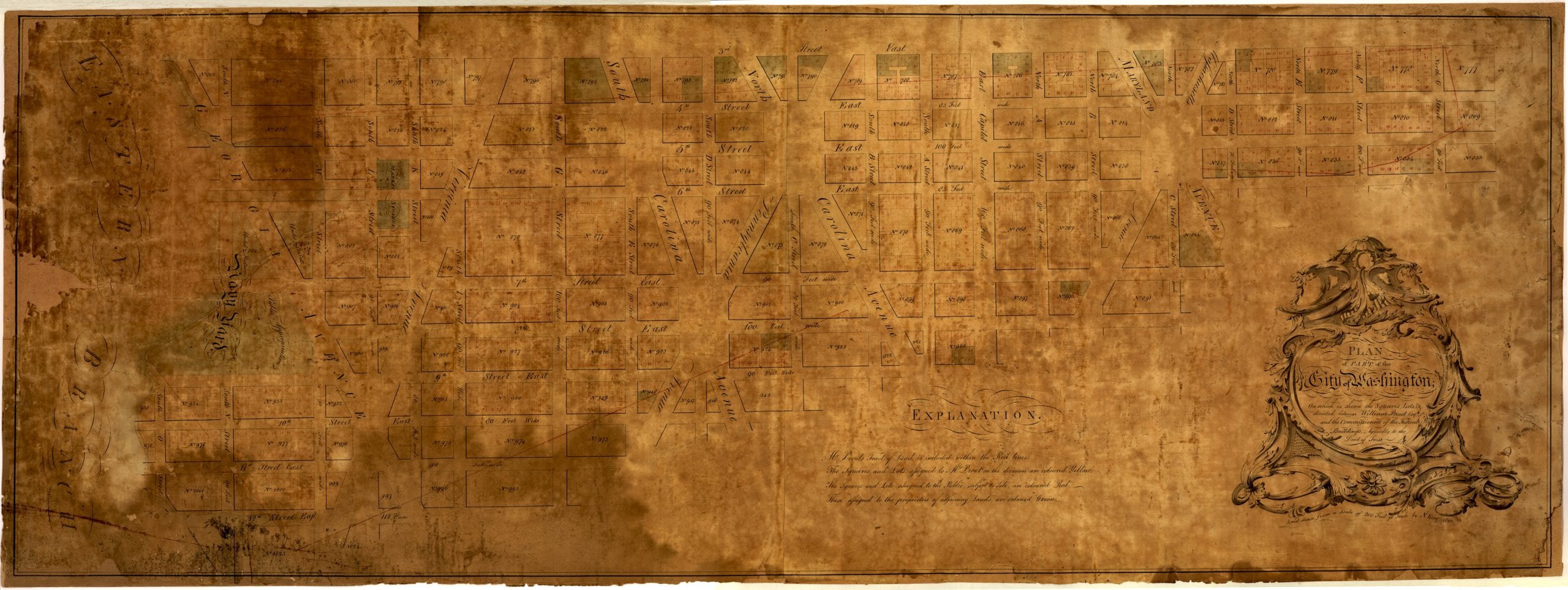 Plan of part of the city of Washington : on which is shewn the squares, lots, &c., divided between William Prout Esq'r and the Commissioners of the Federal Buildings, agreeably to the deed of trust / laid down from a scale of 200 feet pr. inch by N. King, 1800.