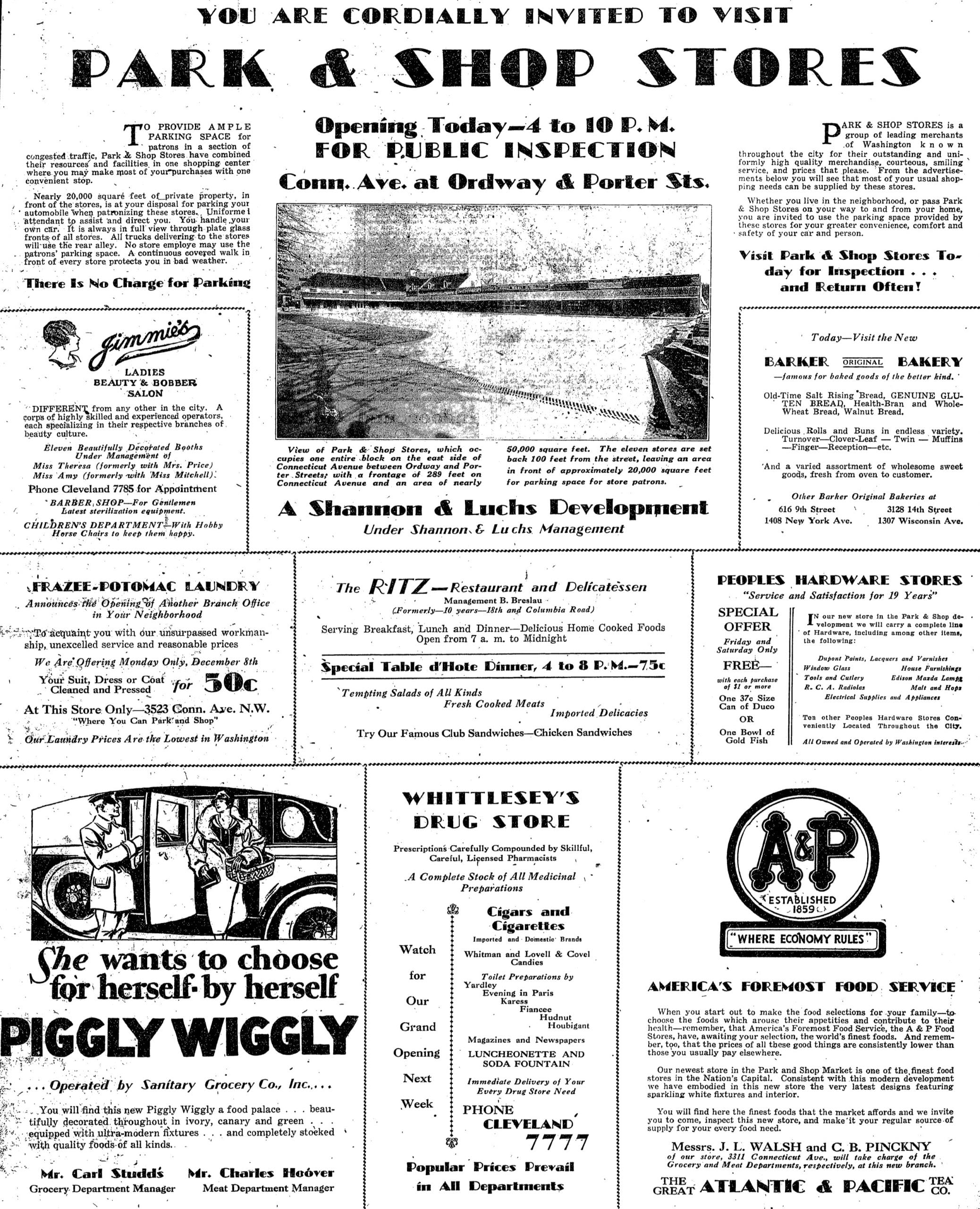 Park and Shop opening advertisement - Washington Post (December 5th, 1930)