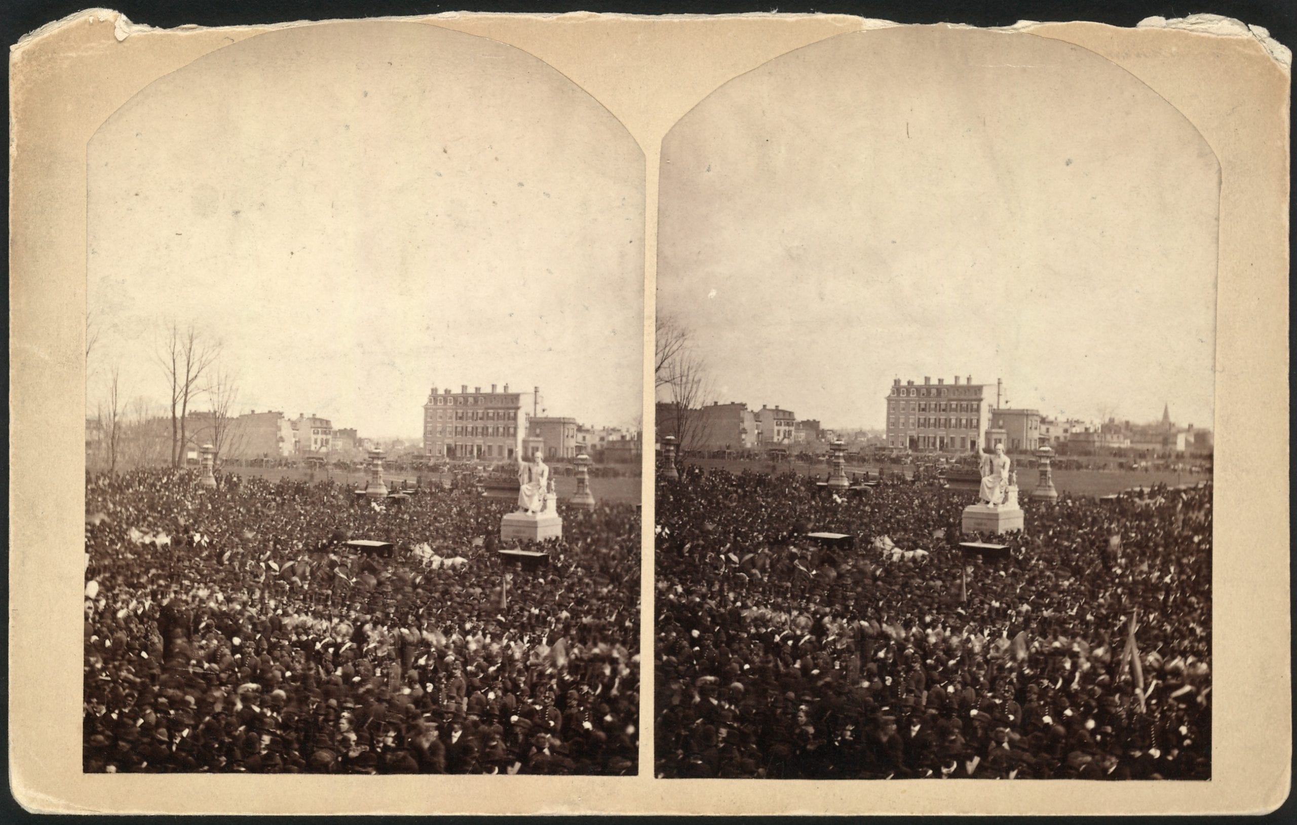 Crowd at the inauguration of Rutherford B. Hayes, on the east front grounds of the U.S. Capitol, surrounding Horatio Greenough's statue of George Washington, March 5, 1877. Library of Congress. Prints and Photographs Division. Reproduction number: LC-USZ62-104931 (b&w film copy neg.).