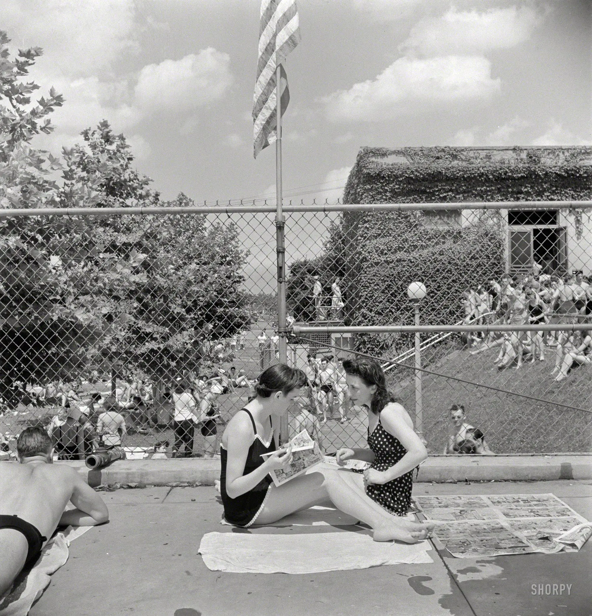 July 1942. Washington, D.C. "Sunday swimmers at the municipal pool." These girls are all about the comics. So where's Superman? Medium format nitrate negative by Marjory Collins for the Office of War Information.
